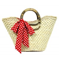 Straw Bucket Tote: Corn Husk w/ Polka Dot Print Sash - Red - BG-R11007RD